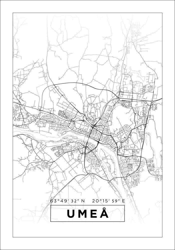 Kartta - Umeå - Valkoinen Juliste