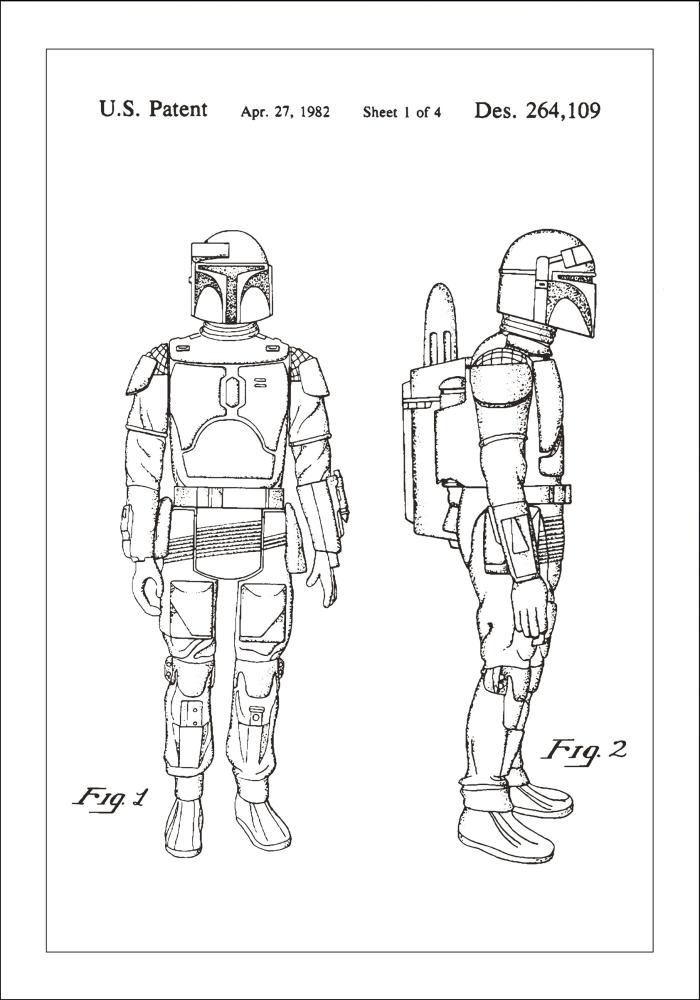 Patenttipiirustus - Star Wars - Boba Fett - Valkoinen Juliste