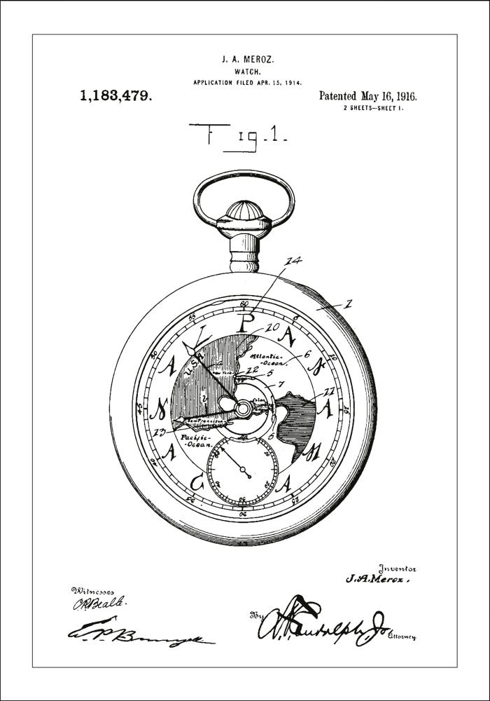 Patenttipiirustus - Taskukello - Valkoinen Juliste