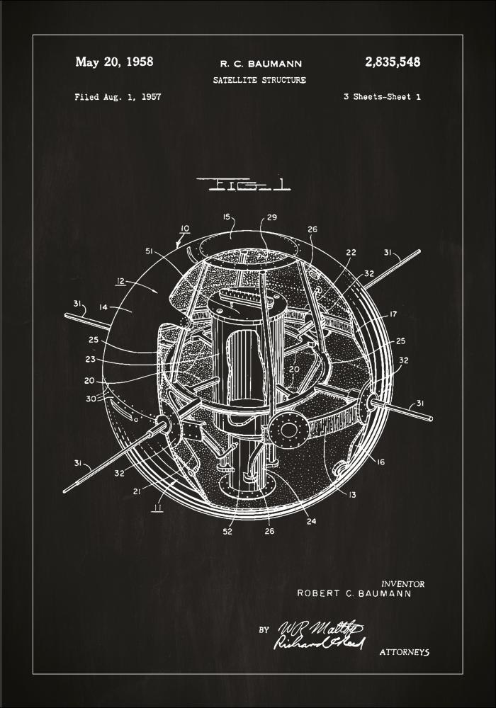 Patenttipiirustus - Satelliitti - Musta Juliste