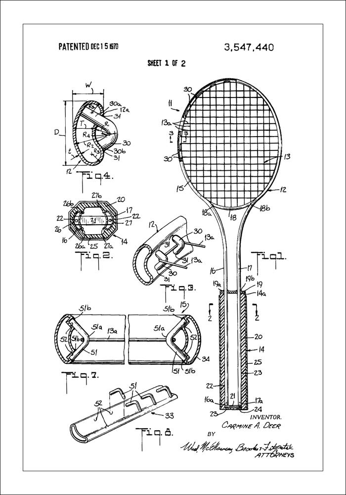 Patent Print - Tennis Racket - White Juliste