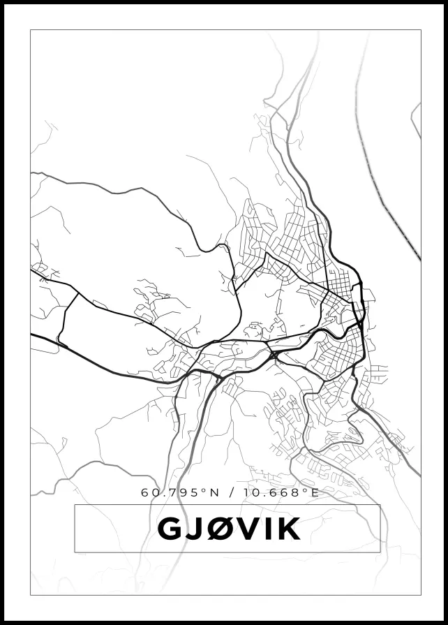 Kartta - Gjøvik - Valkoinen Juliste