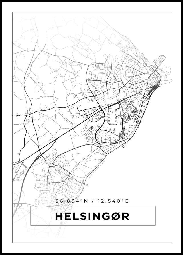 Kartta - Helsingør - Valkoinen Juliste