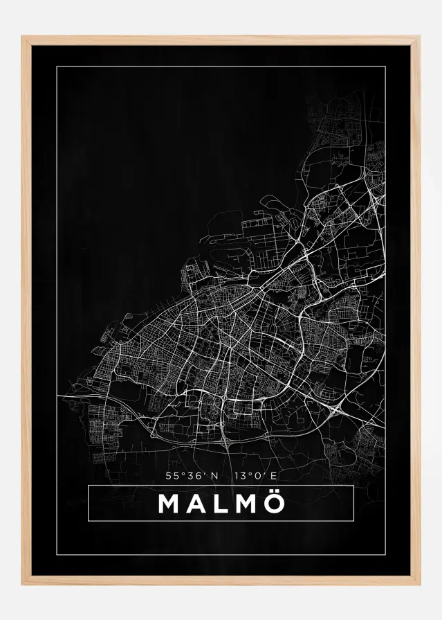 Kartta - Malmö - Musta Juliste