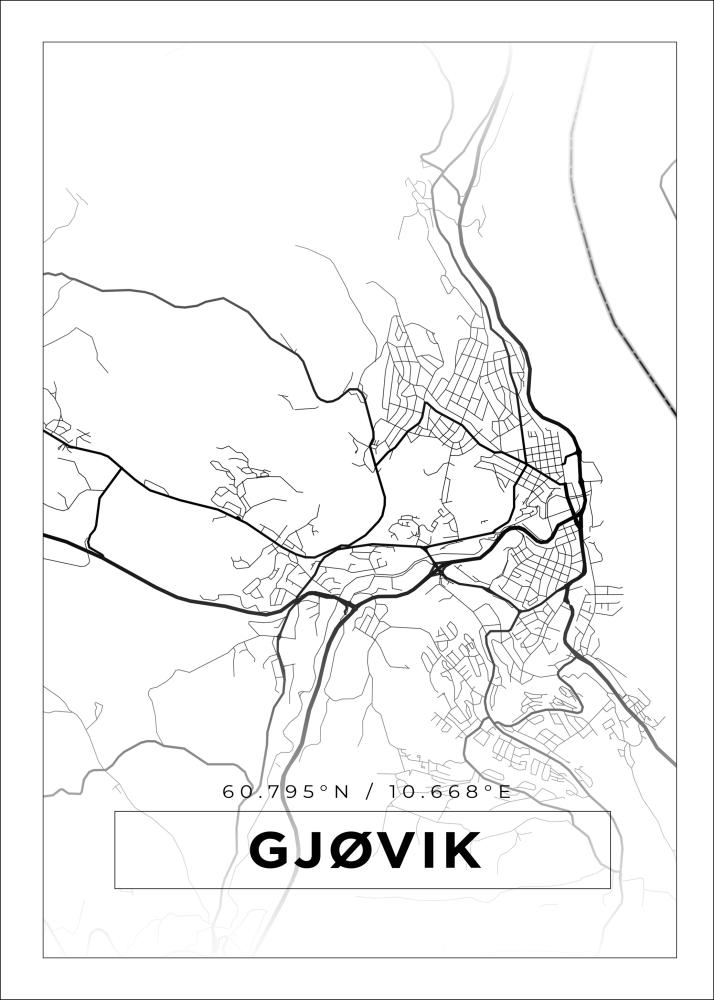 Kartta - Gjøvik - Valkoinen Juliste