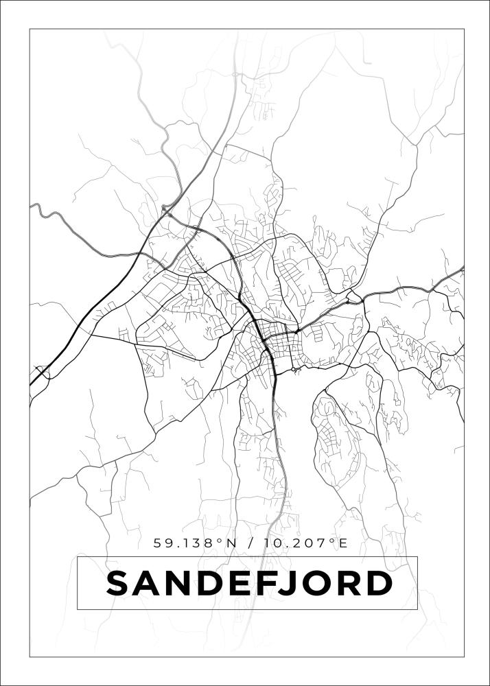 Kartta - Sandefjord - Valkoinen Juliste