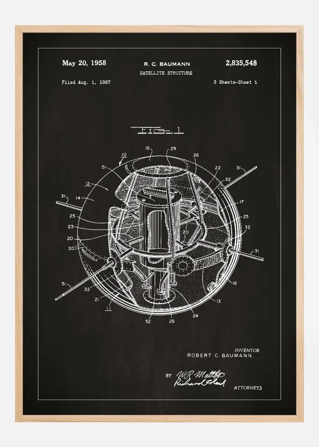 Patenttipiirustus - Satelliitti - Musta Juliste