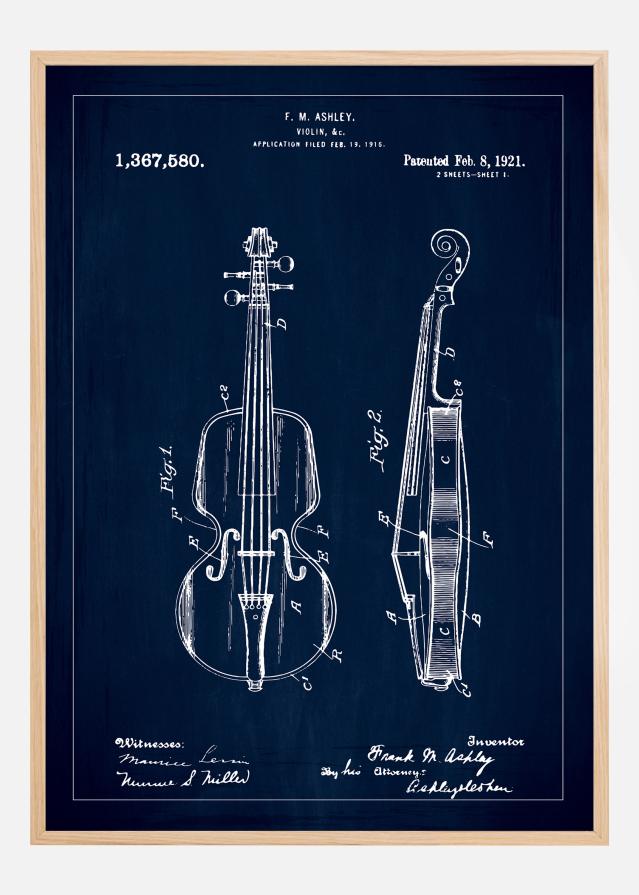 Patenttipiirustus - Viulu - Sininen Juliste